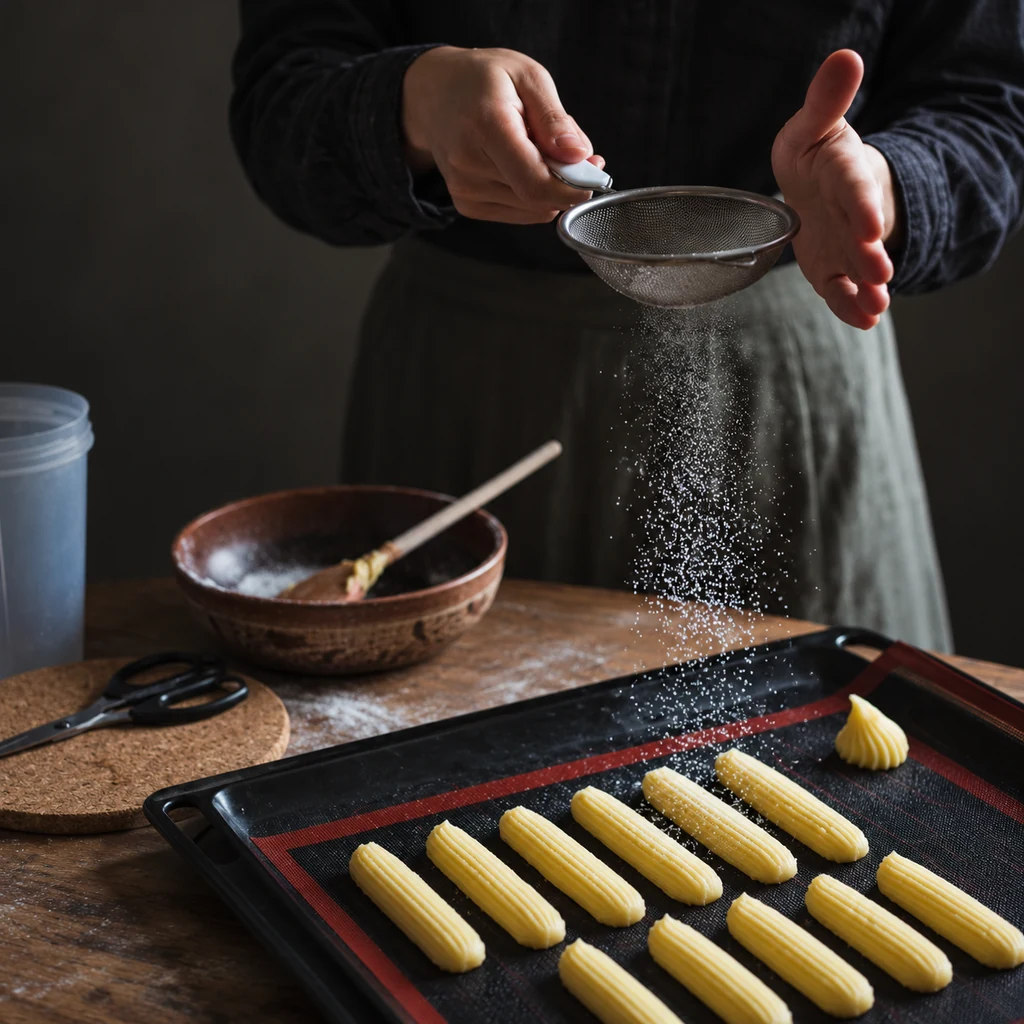 Piped raw eclairs on a baking mat being lightly dusted through a sieve