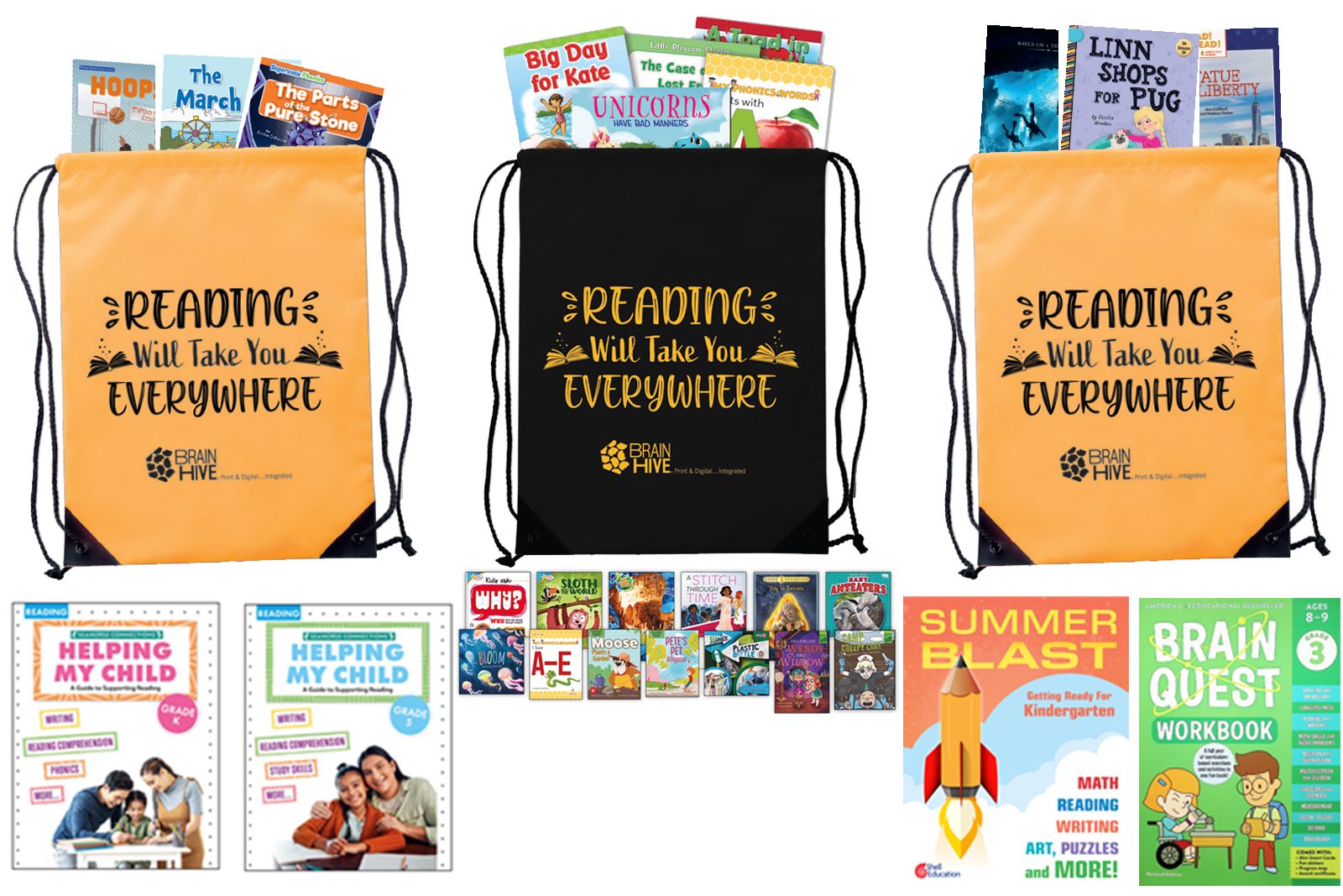 Brain Hive take-home backpacks filled with books, shown with parent guides, workbooks, and summer reading titles