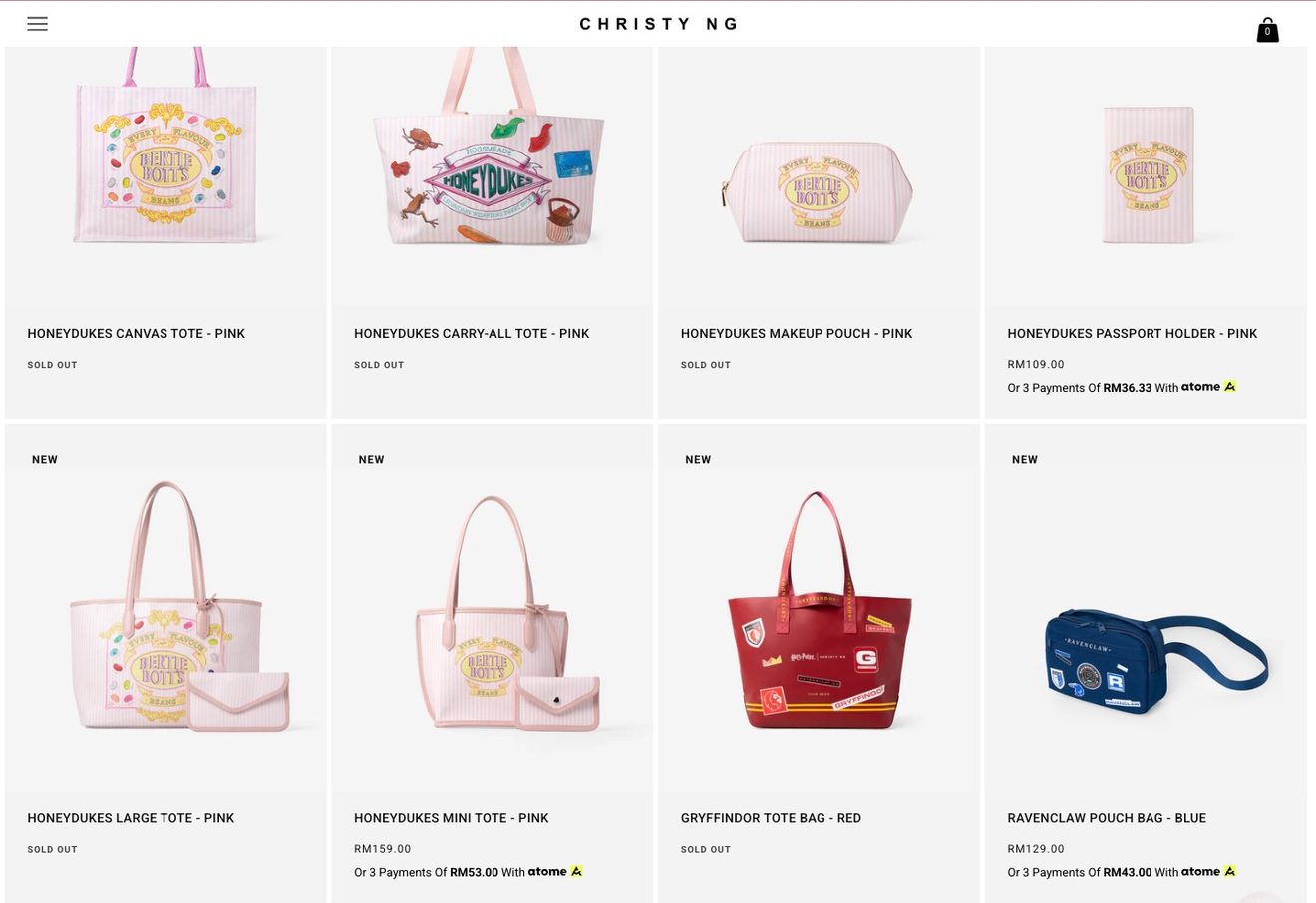 Christy Ng x Harry Potter collection page, seen live 26 August 2026: eight styles, five already sold out