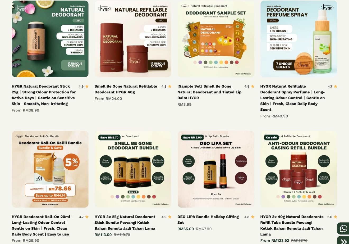 HYGR deodorant collection, seen live 30 August 2026: every product rated 4.7 to 5.0 stars