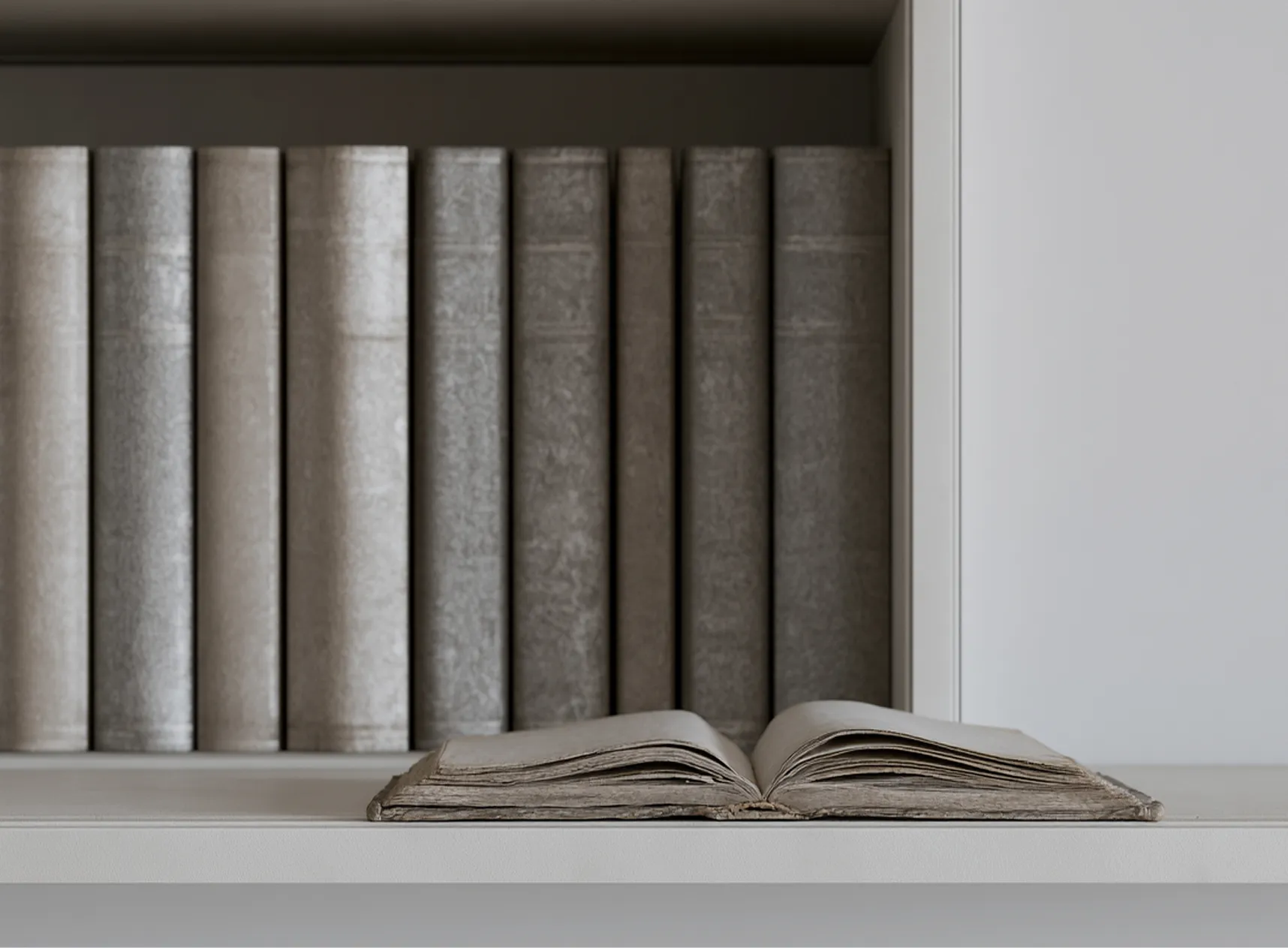 Livre ancien ouvert sur une étagère avec plusieurs livres anciens à l'arrière-plan.