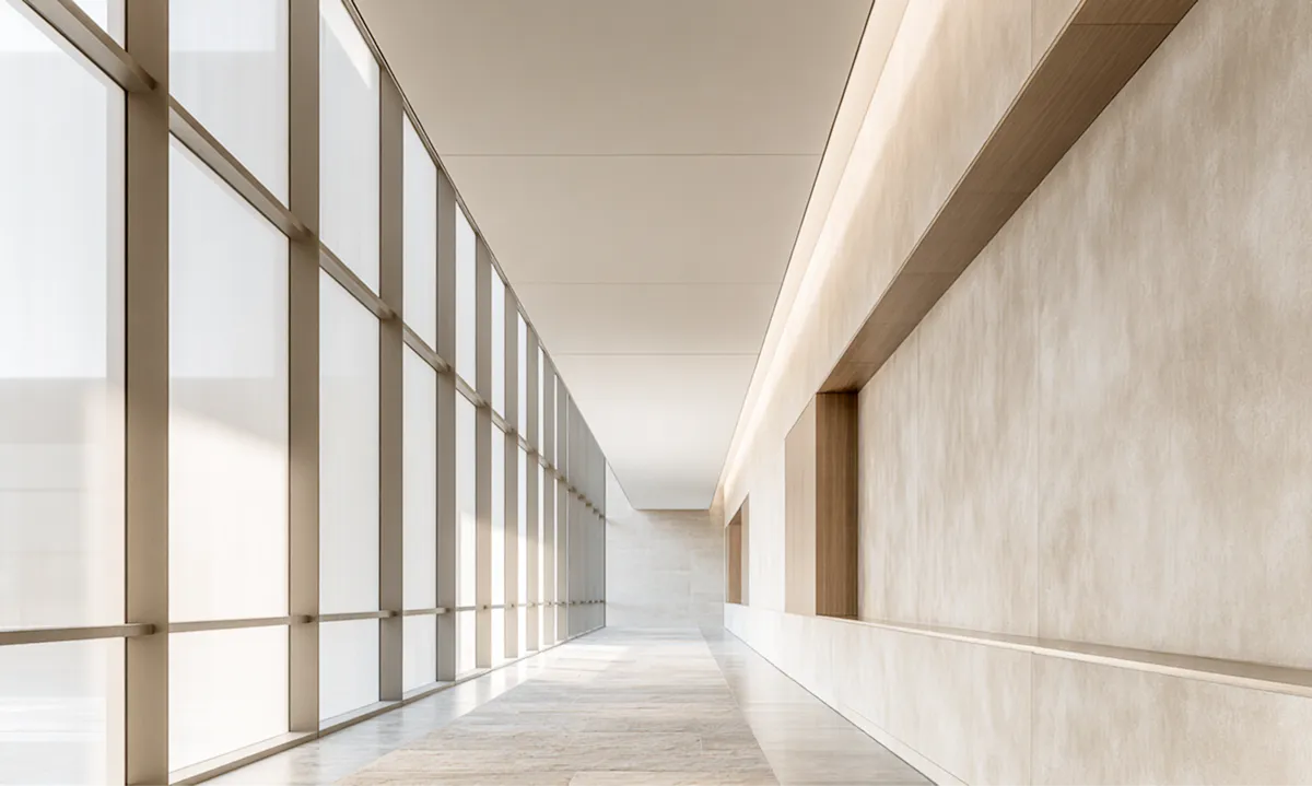 Couloir lumineux moderne avec grandes fenêtres et murs beige clair minimalistes.