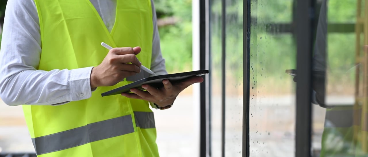 Person in a safety vest writing on a tablet with a stylus near a glass surface.