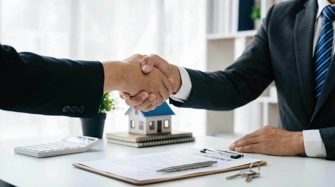 Two people shaking hands over a table with a contract, house model, keys, and calculator.