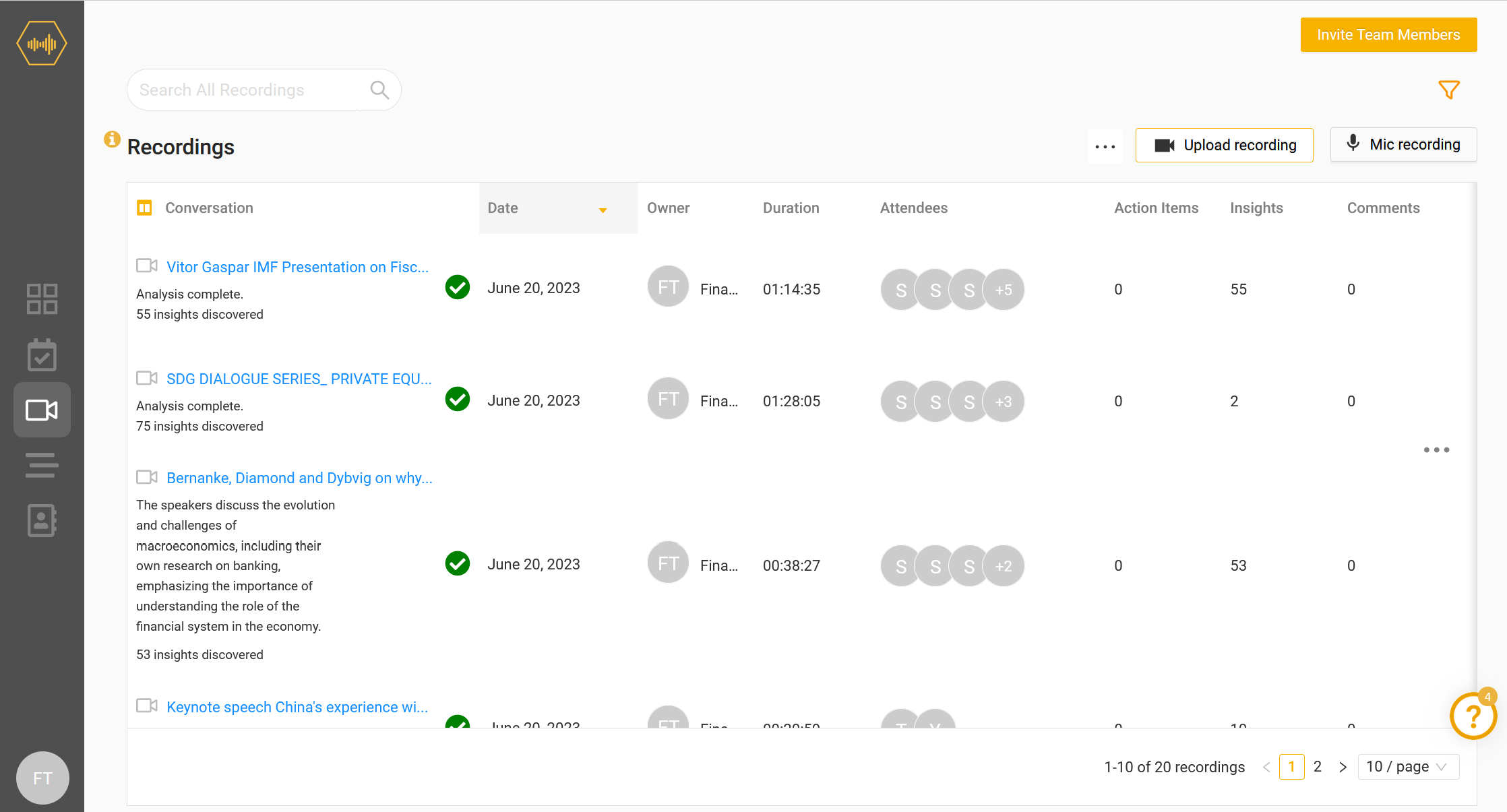 2023 Versational recordings dashboard showing conference-session entries and generated insight counts; the visible dashboard page shows 1–10 of 20 recordings