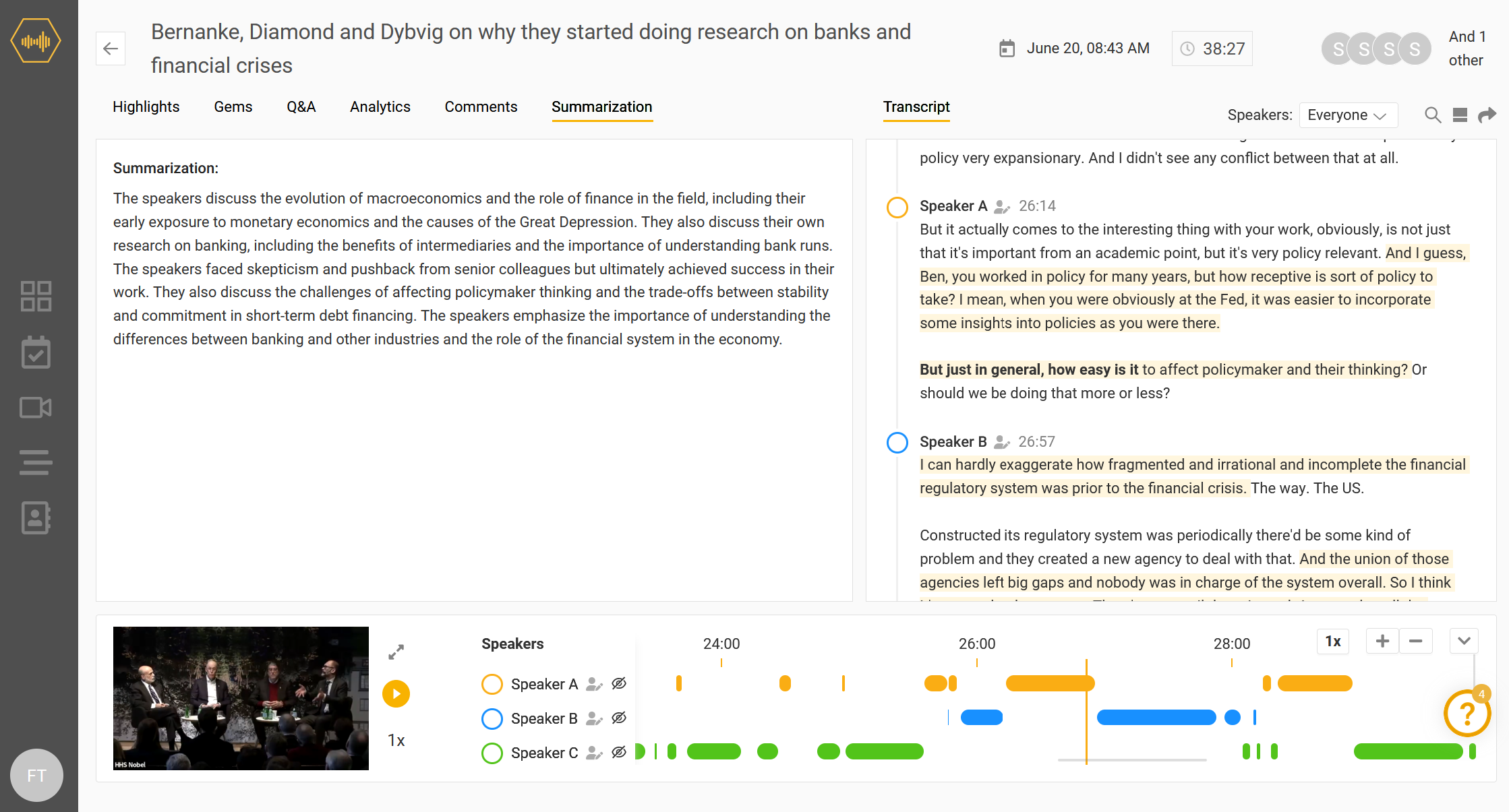 Versational interface showing a generated summary of the Bernanke, Diamond and Dybvig discussion beside source transcript passages and a timeline linked to speakers