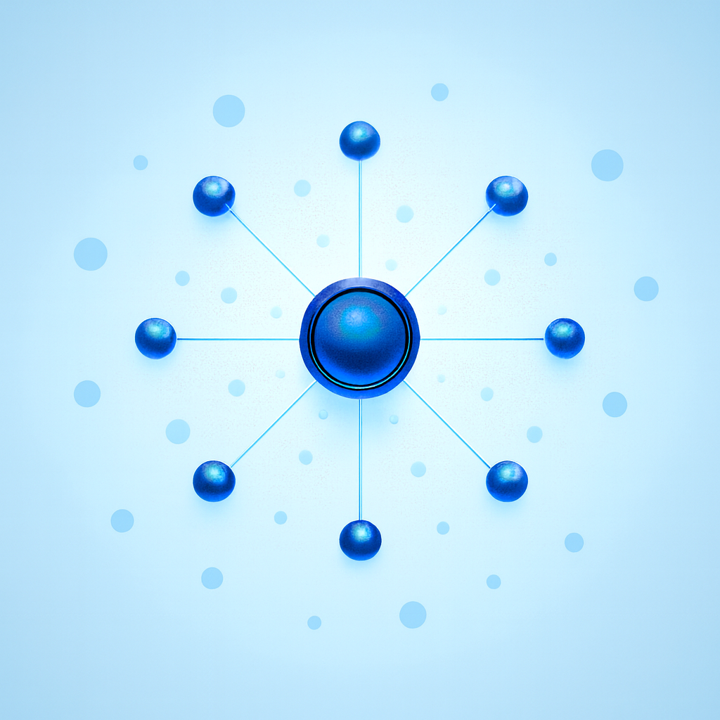 Network connectivity hub icon showing central node connected to multiple outer nodes, representing integrated AI system architecture and enterprise connectivity