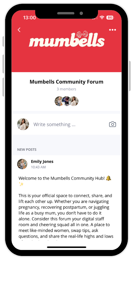 Mumbells Community Forum app screen showing welcome message and member avatars on smartphone.