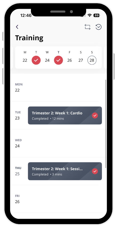 Phone screen showing a training schedule with completed cardio and session workouts on selected days.