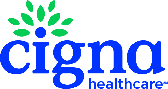 Cigna healthcare logo with blue text and green leaf design above the letter i.