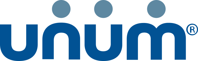 Unum company logo with stylized letters and three blue dots above letters n, u, and m.