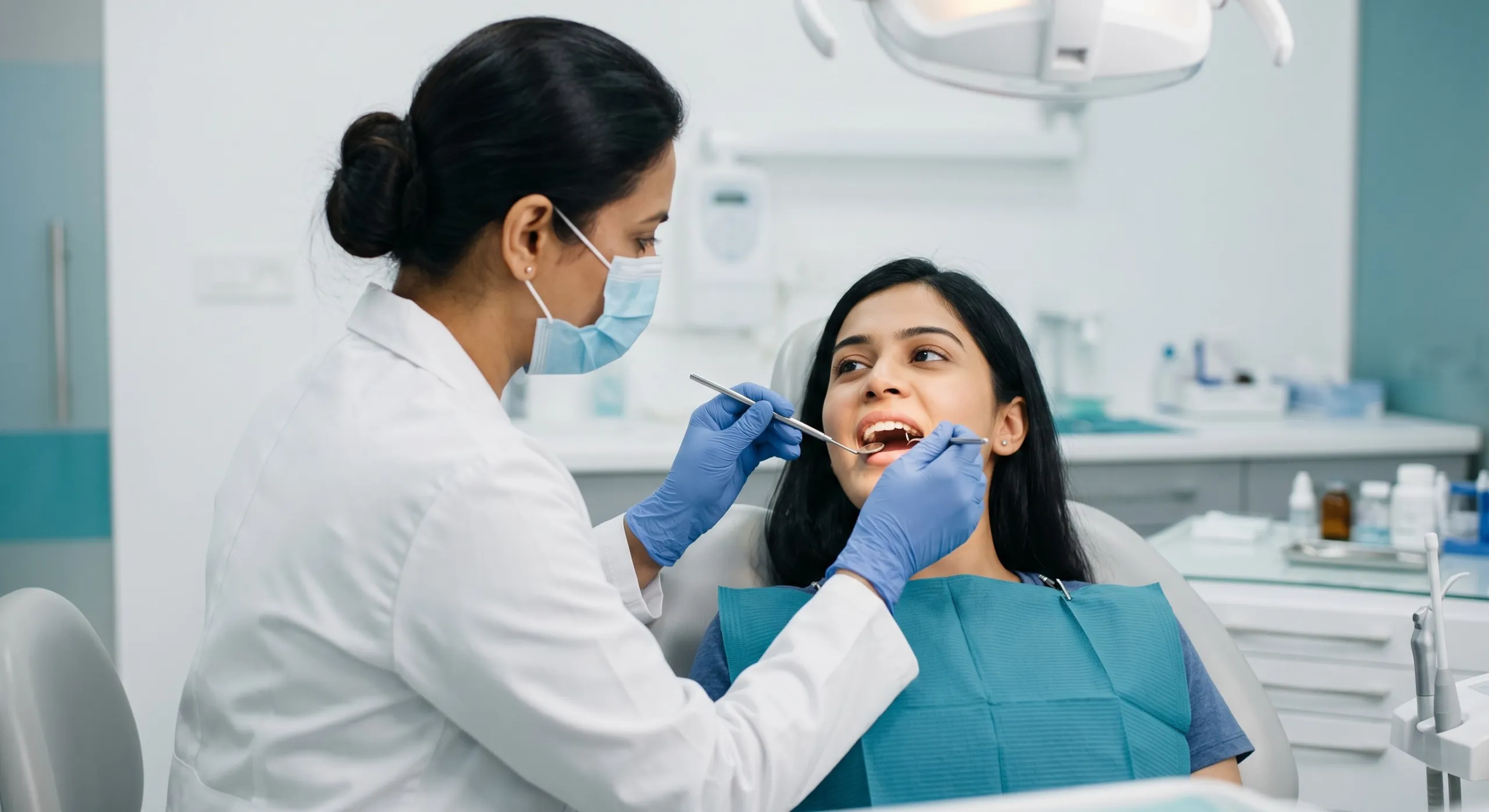 Dentist wearing mask and gloves examines a smiling woman's teeth in a dental office.