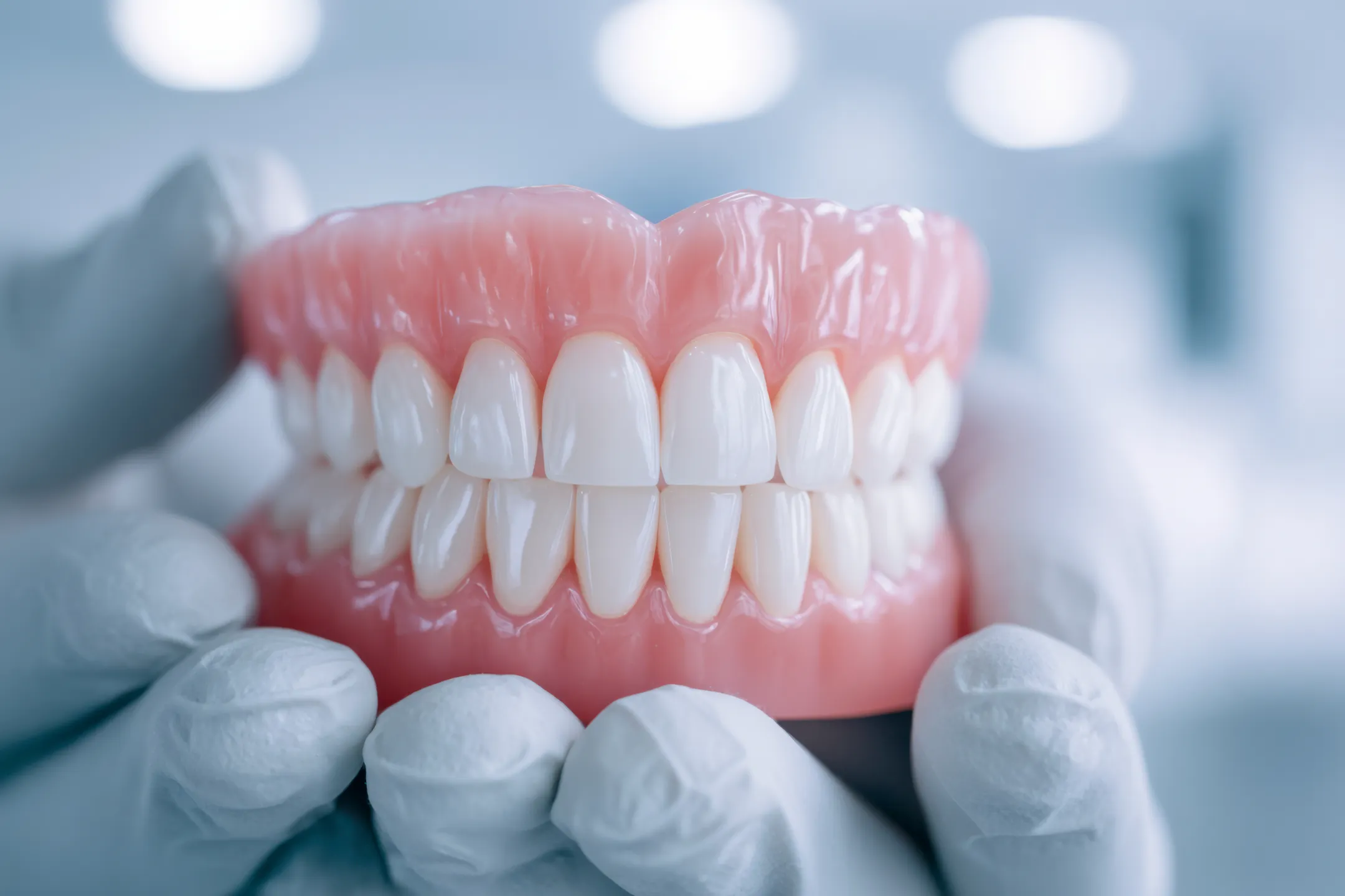 Gloved hands holding a full set of artificial pink gums with white artificial teeth.