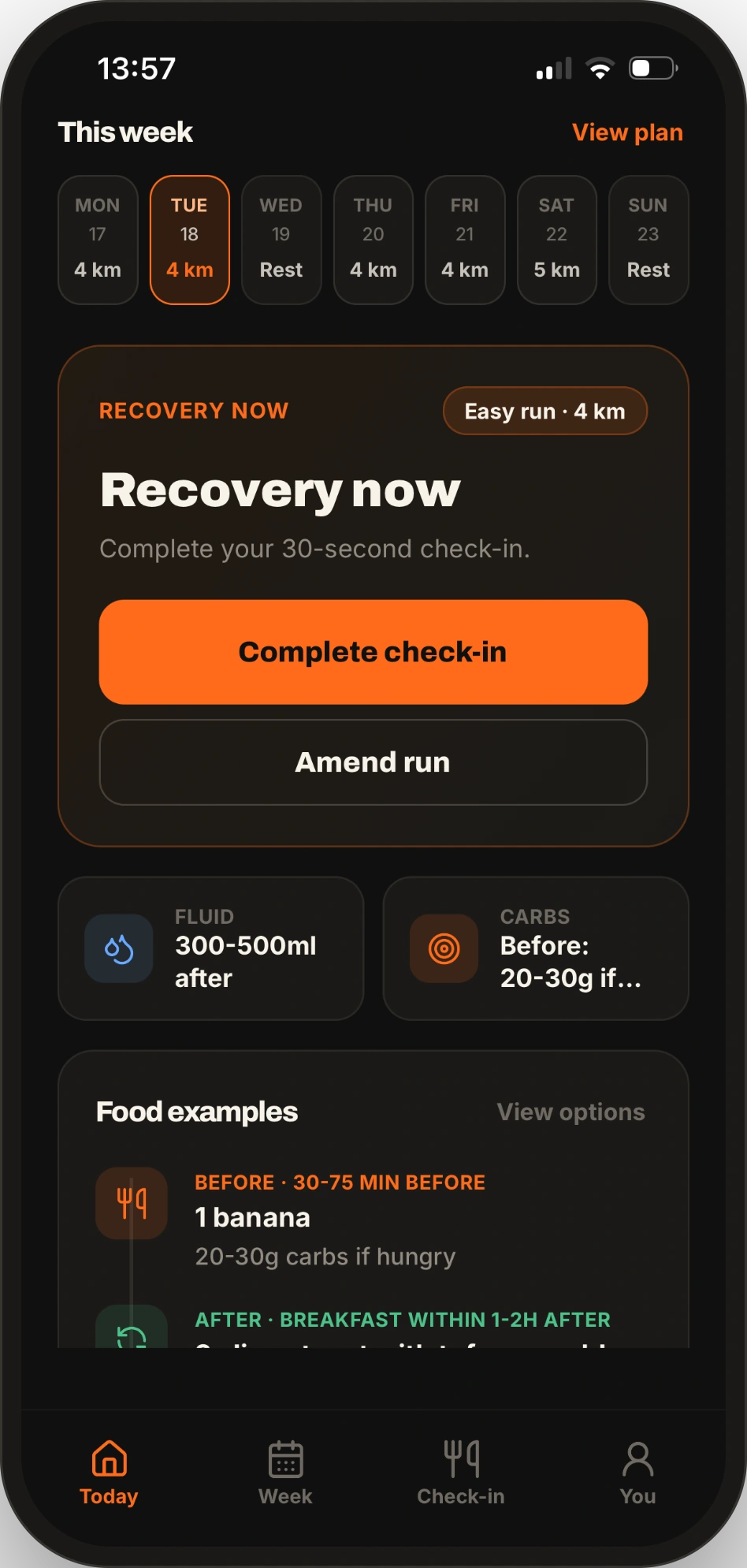 RunFuel Today screen showing this week's runs, recovery check-in and food guidance