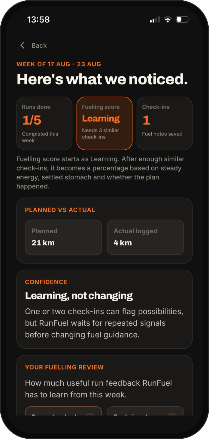 RunFuel weekly review showing runs completed, fuelling score and planned versus actual