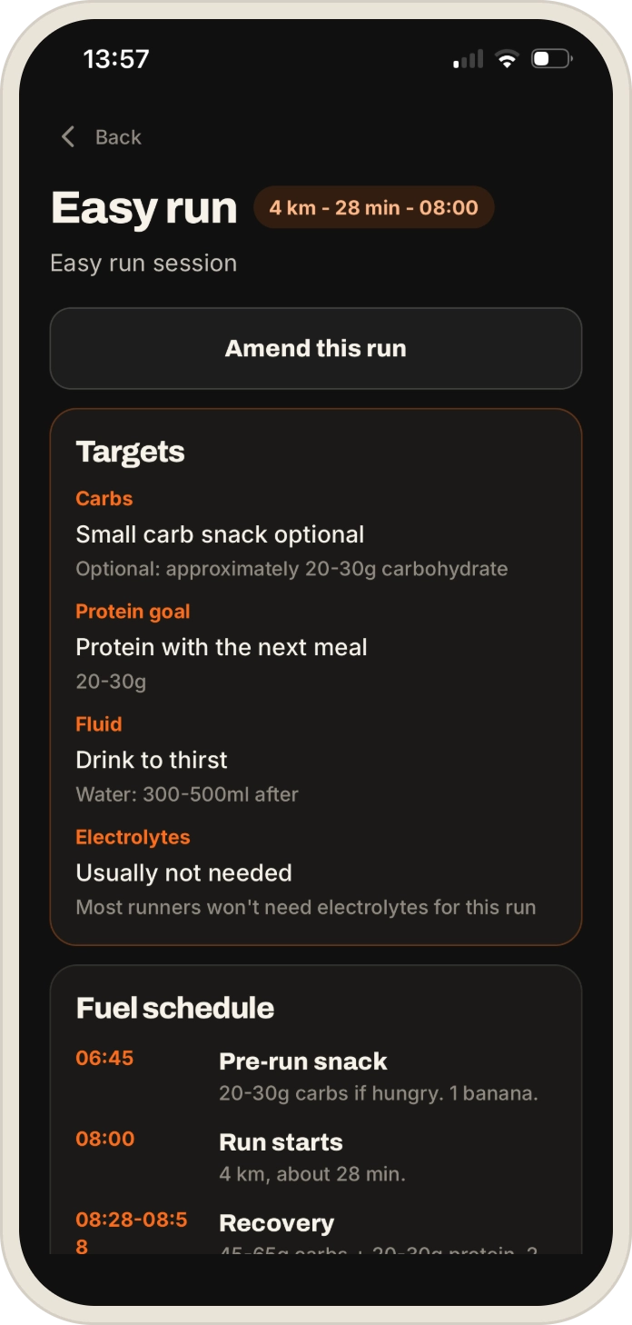 RunFuel run detail screen showing carb, protein, fluid and electrolyte targets