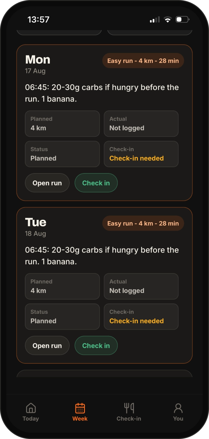 RunFuel week view showing planned runs and fuel notes