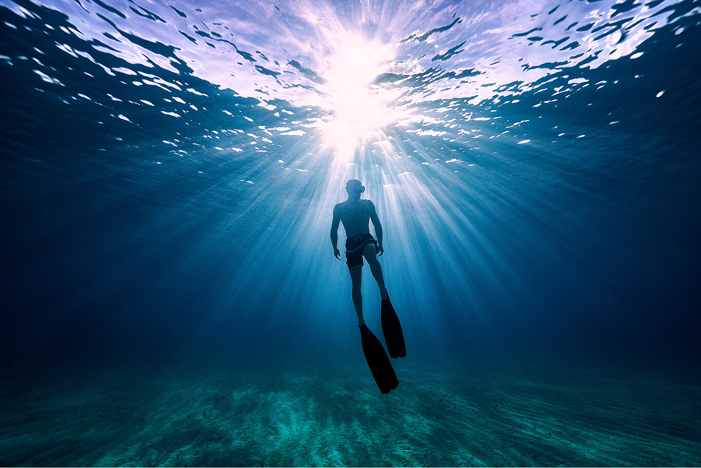 A man swims underwater wearing flippers.