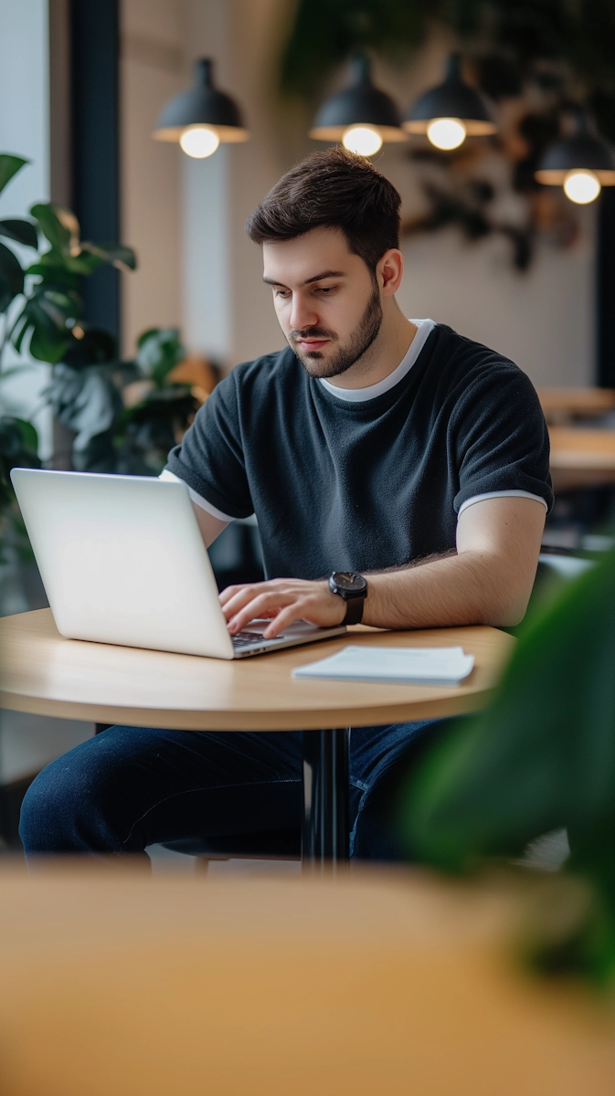 Young man in black t-shirt working on a laptop at a wooden table in a modern indoor space with hanging lights and plants.