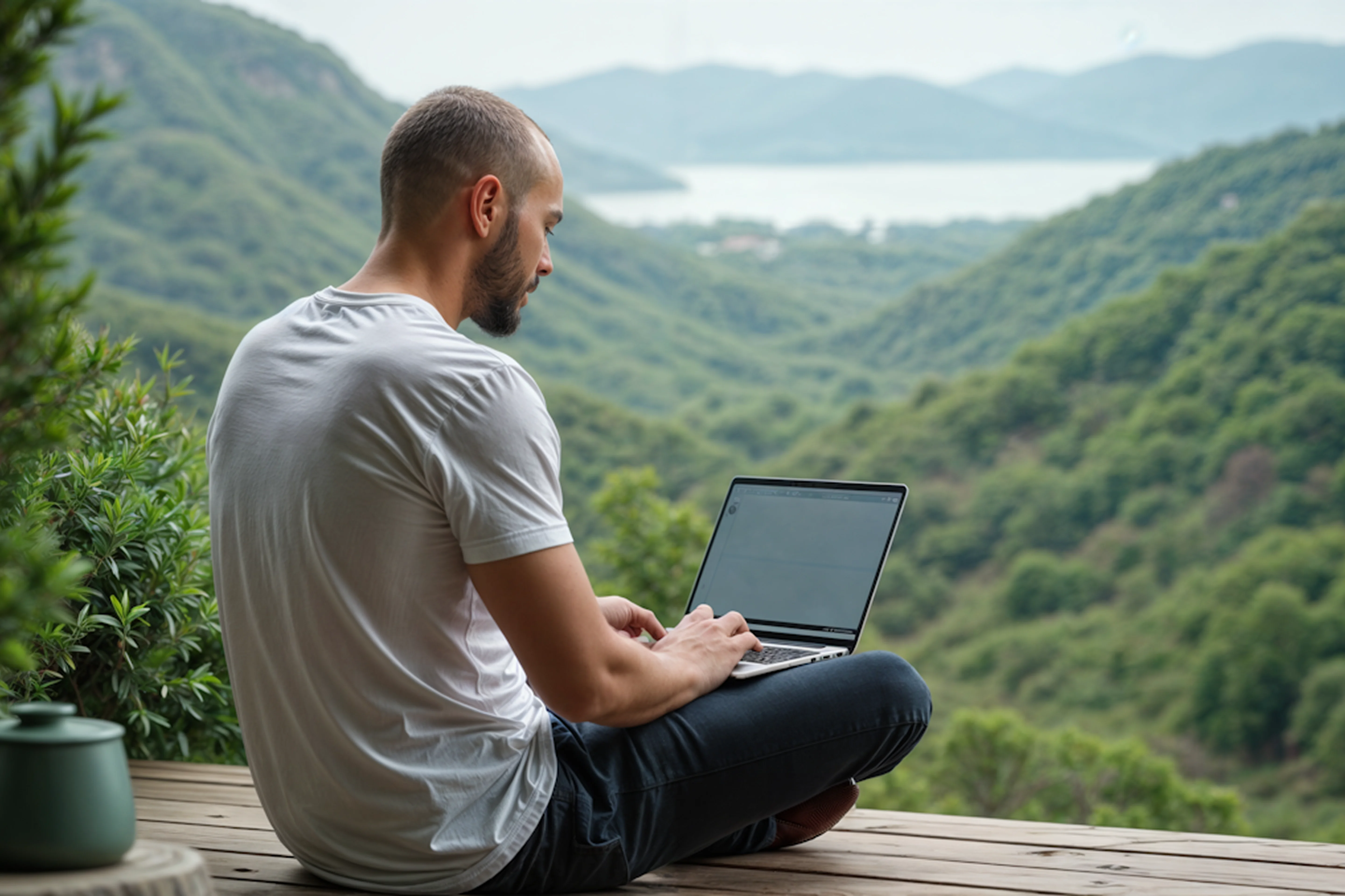 Man sitting cross-legged on a wooden deck typing on a laptop with green hills and a lake in the background.