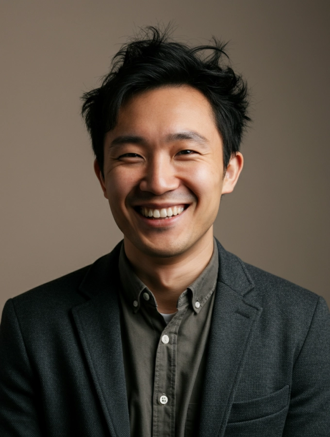 Smiling young man with dark hair wearing a dark blazer and button-up shirt against a neutral background.