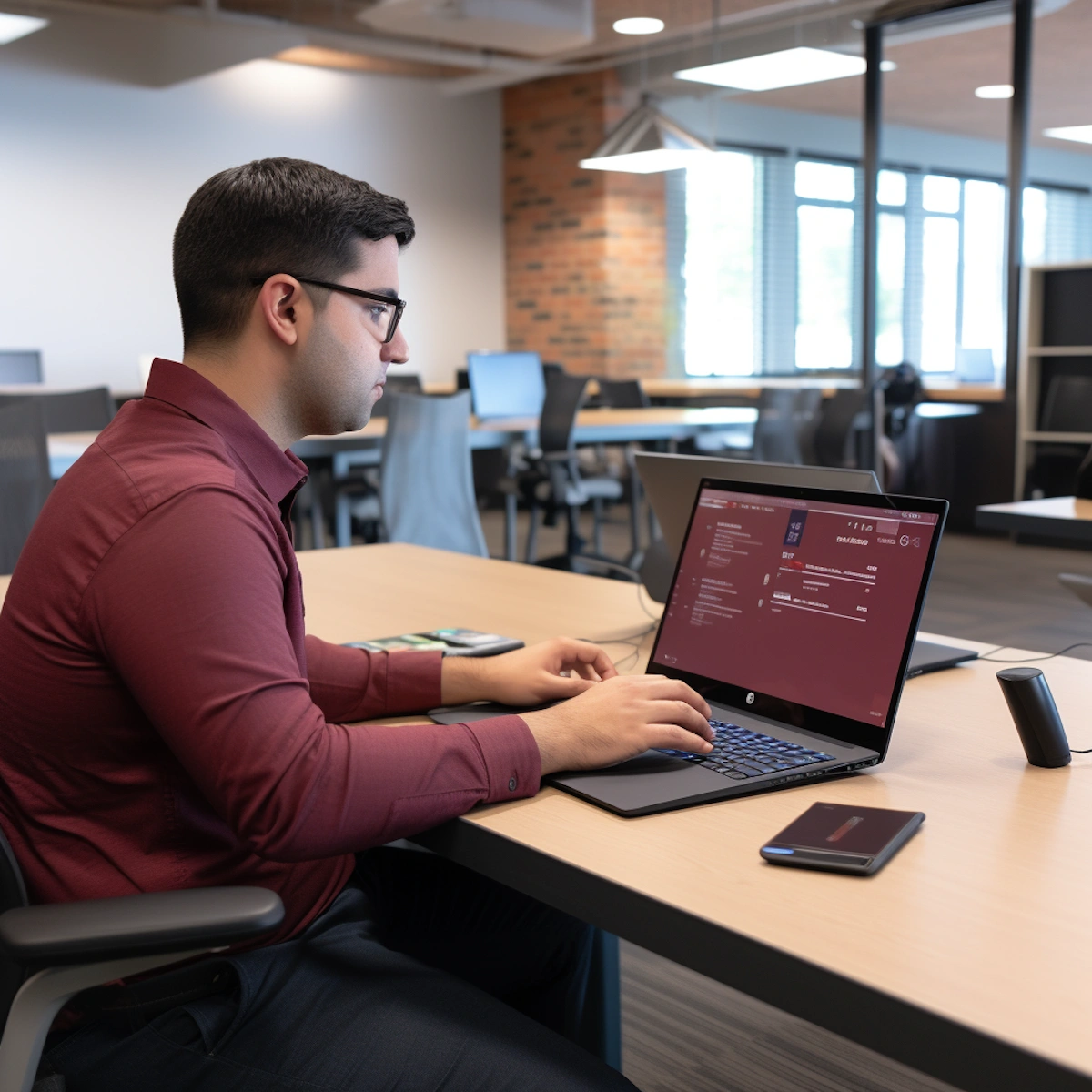 Man in glasses and maroon shirt working on a laptop at a modern office desk.
