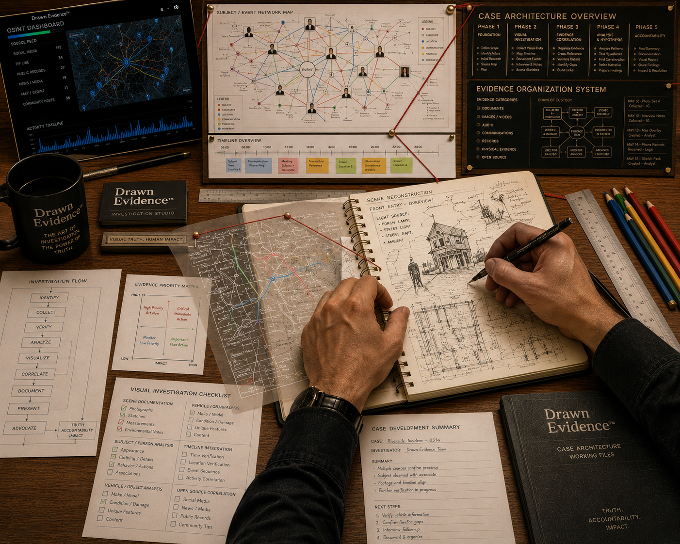 Professional civilian investigator workspace showing hands mapping visual evidence on an acetate overlay over a digital OSINT map and forensic documents.