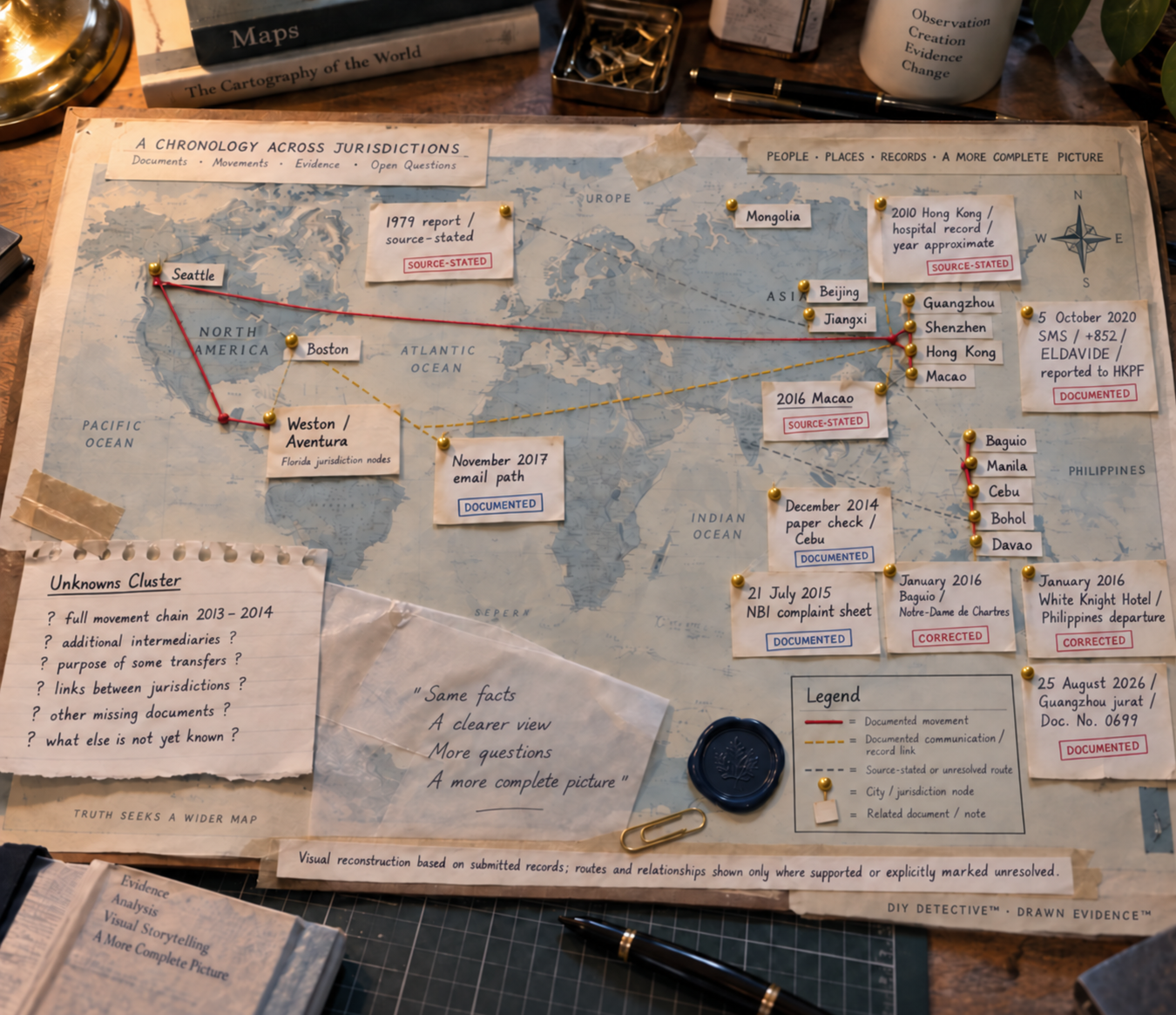 Cross-jurisdiction visual reconstruction showing documented, source-stated, corrected, and unresolved routes across Florida, Asia, and the Philippines.