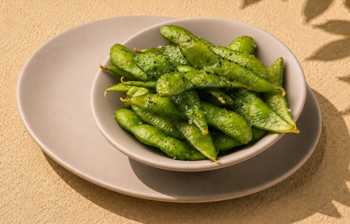 Bowl of green snap peas sprinkled with salt and pepper on matching beige plates.