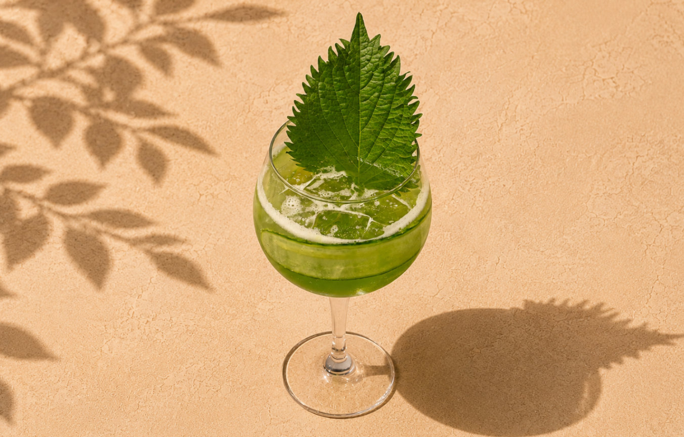 Green cocktail garnished with a large green leaf in a wine glass on beige surface with leaf shadows.