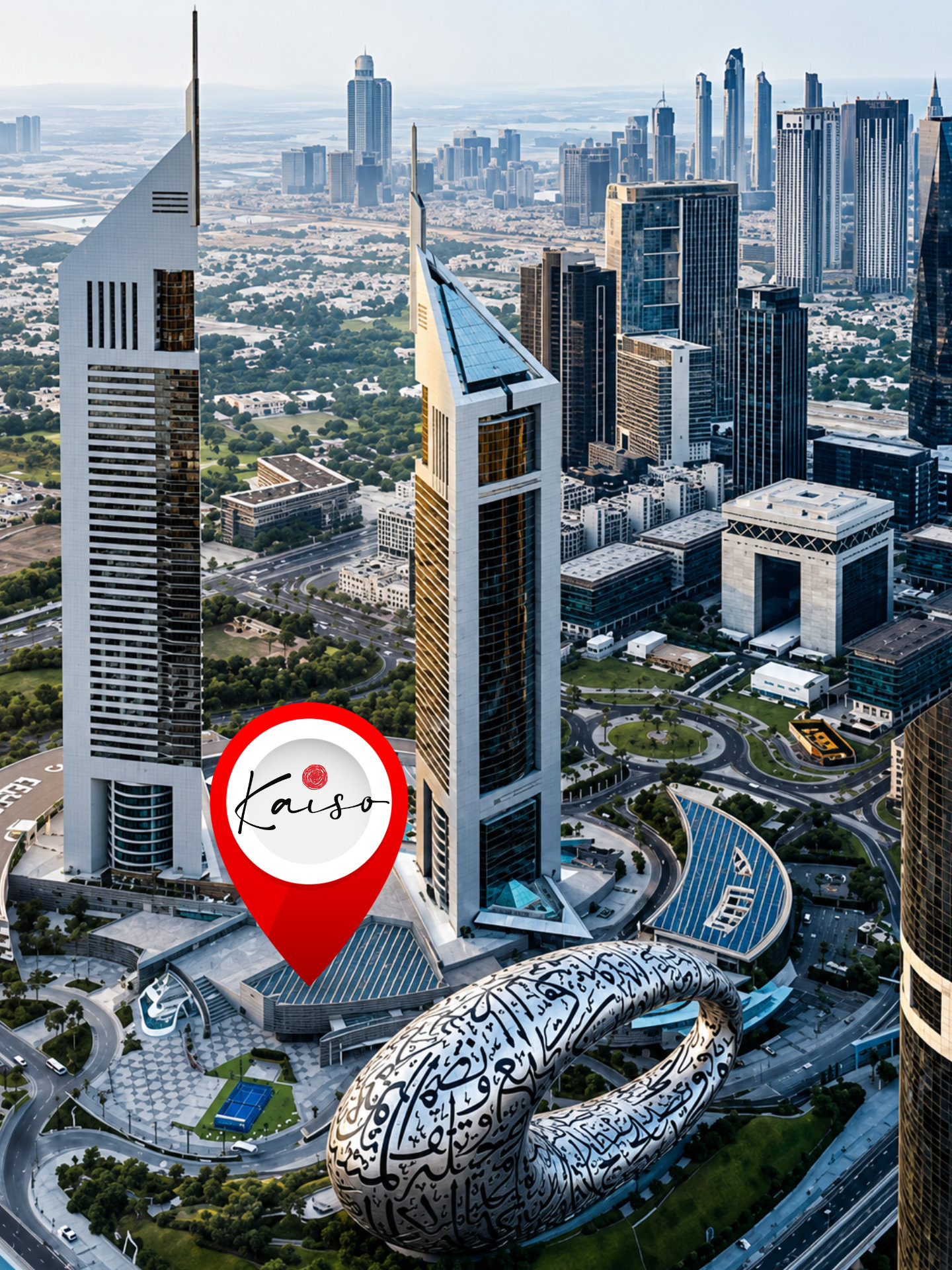 Aerial view of modern skyscrapers and Museum of the Future in Dubai with a red Kaiso location pin.