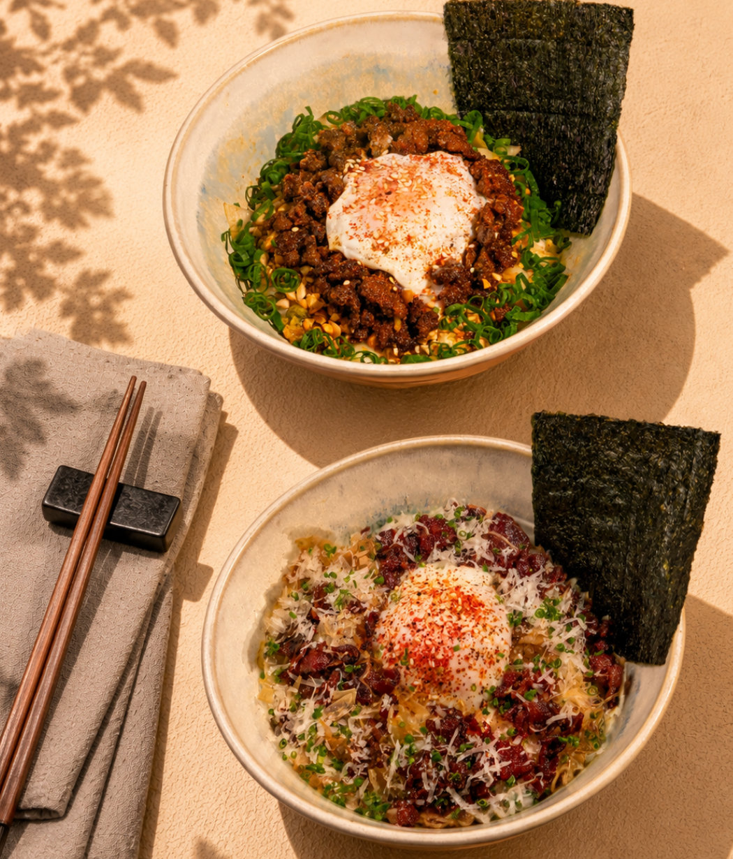 Two bowls of mazemen noodles topped with minced meat, soft eggs, green onions, and seaweed sheets.