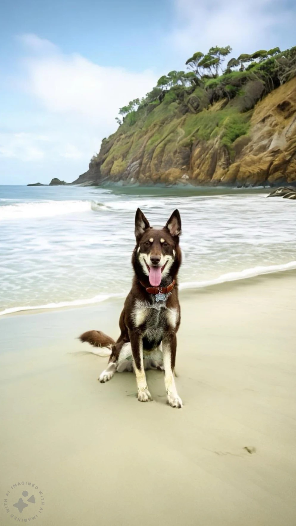 Moka, a husky mix, on the beach