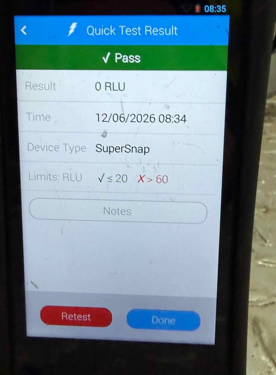 Device screen showing Quick Test Result: Pass with 0 RLU, time 12/06/2026 08:34, device SuperSnap.