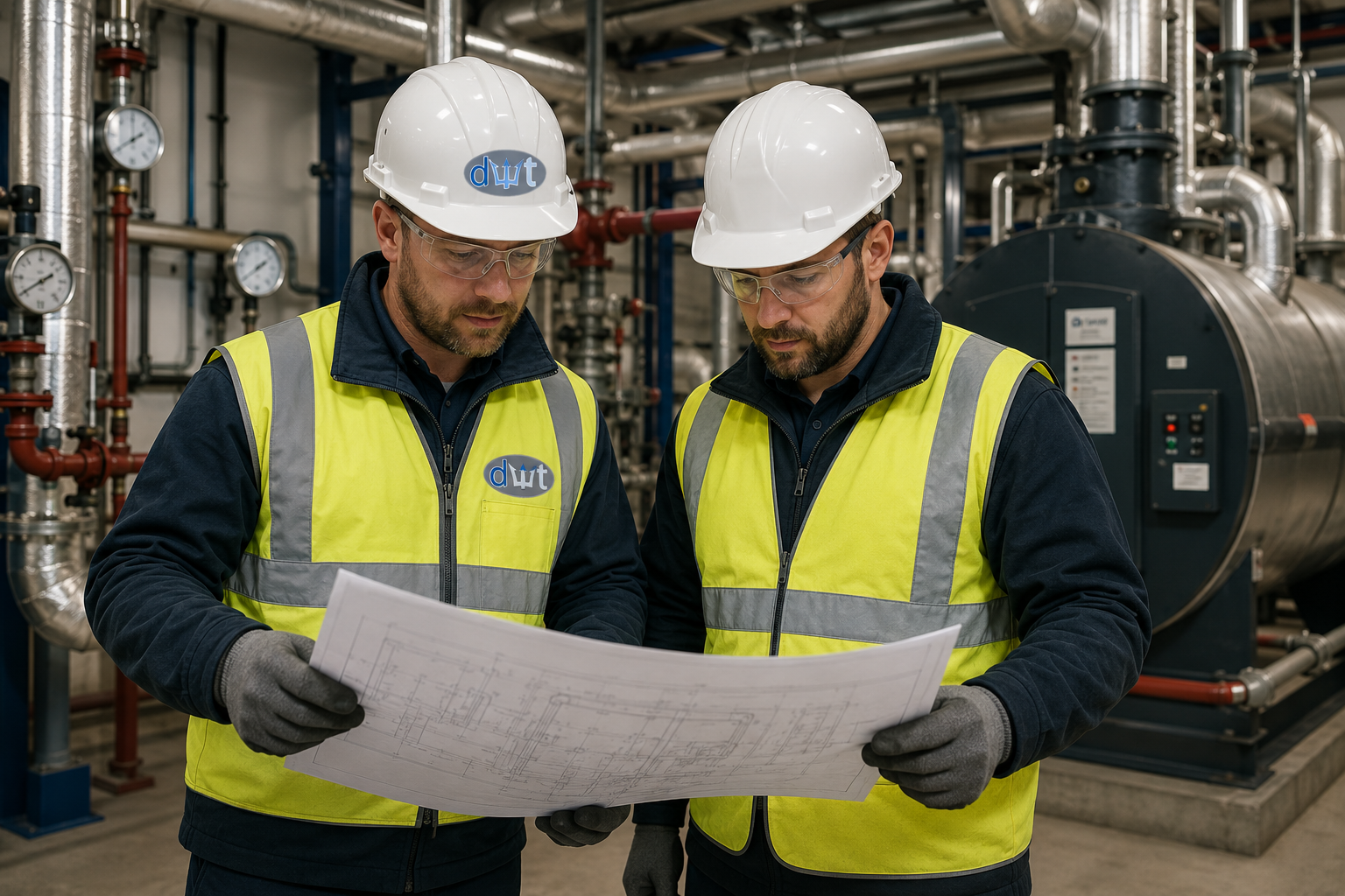 Two engineers in safety gear reviewing blueprints in an industrial plant with pipes and machinery.