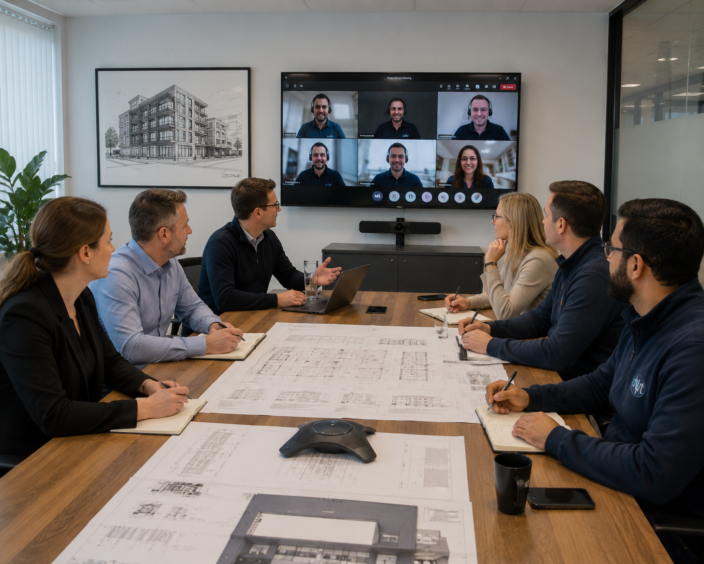 Six people in a meeting room discussing architectural plans while video conferencing with seven remote participants.
