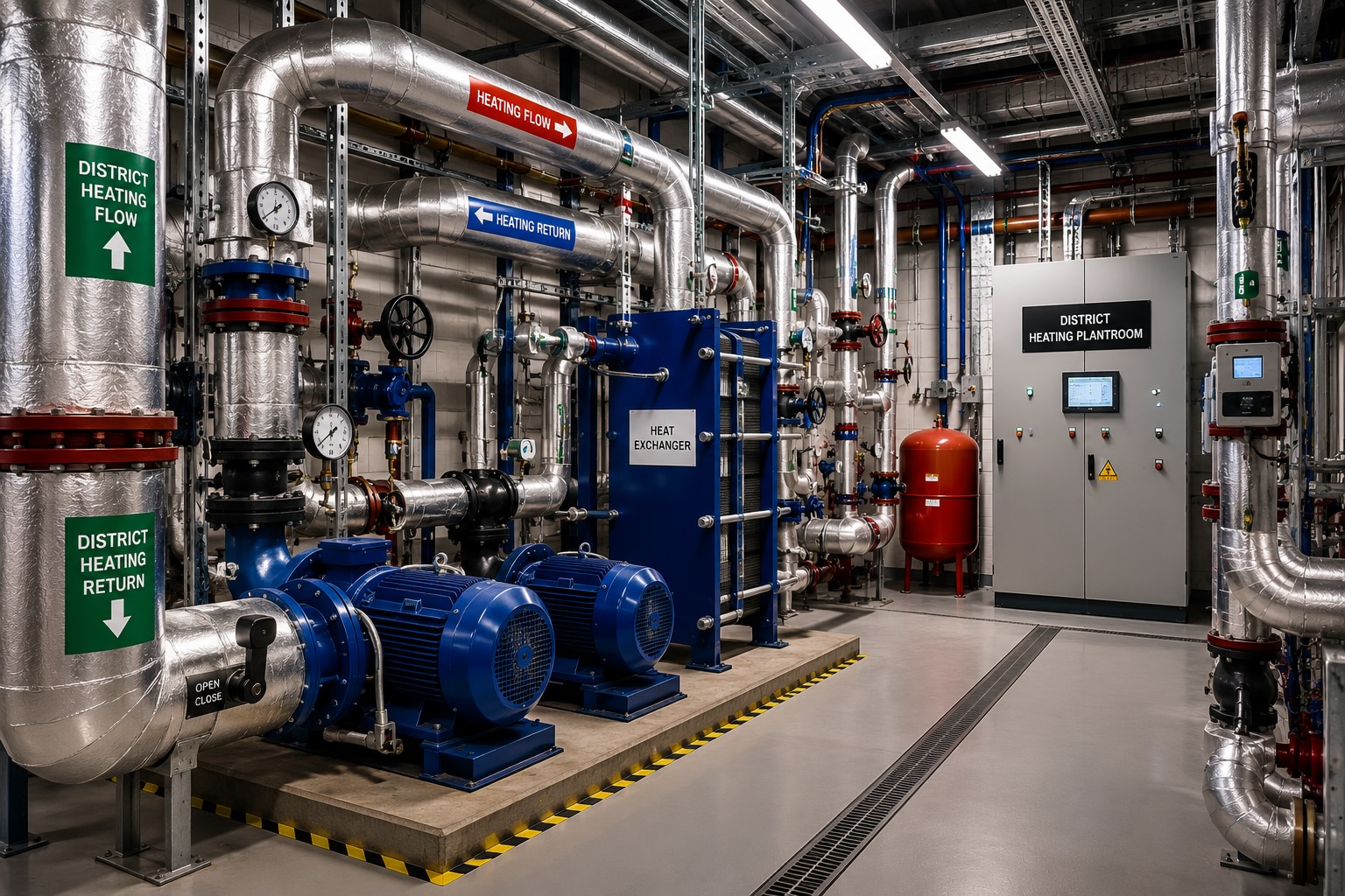 District heating plantroom showing heat exchanger, large pipes, pumps, gauges, and control panel.