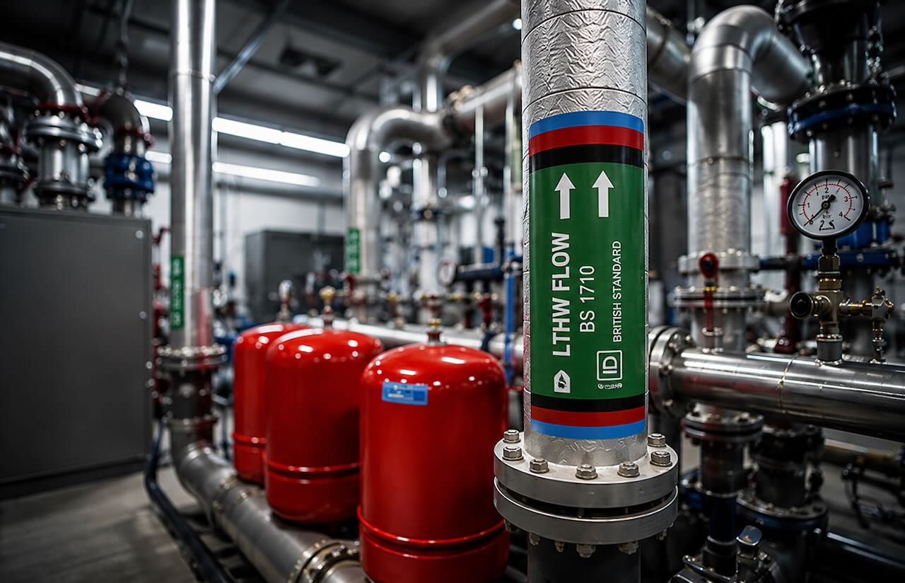 Insulated industrial pipe labeled LTHW flow with pressure gauge and red tanks in a mechanical room.