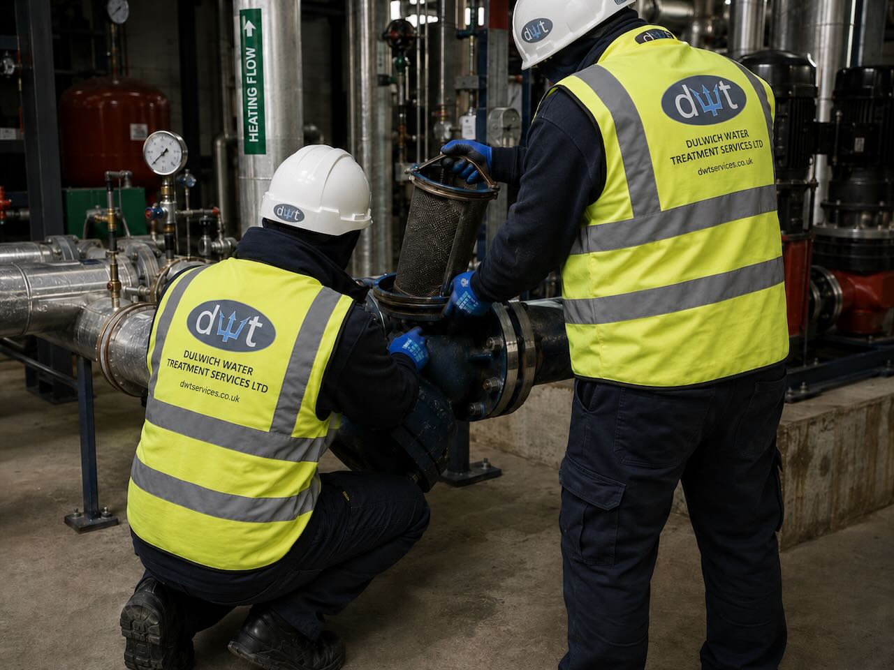 Two workers in safety vests and helmets servicing industrial water treatment pipes.