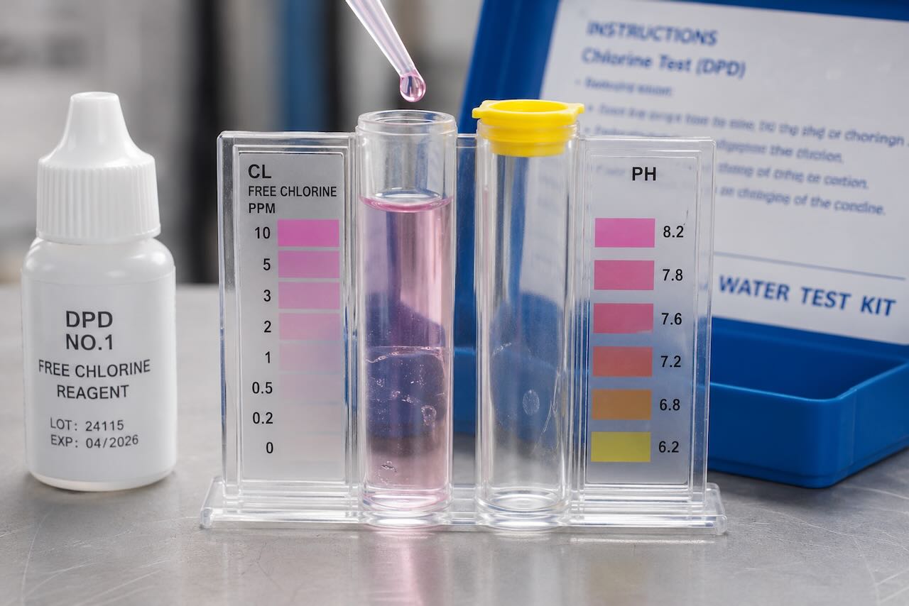 Water test kit with reagent bottle and color comparison charts for free chlorine and pH levels.