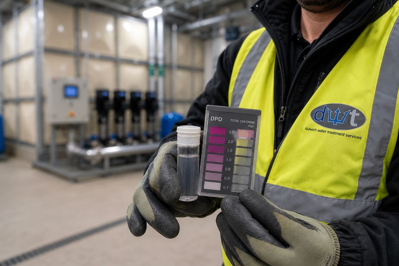 Worker in high-visibility vest holding chlorine test vial and color chart against industrial water system background.