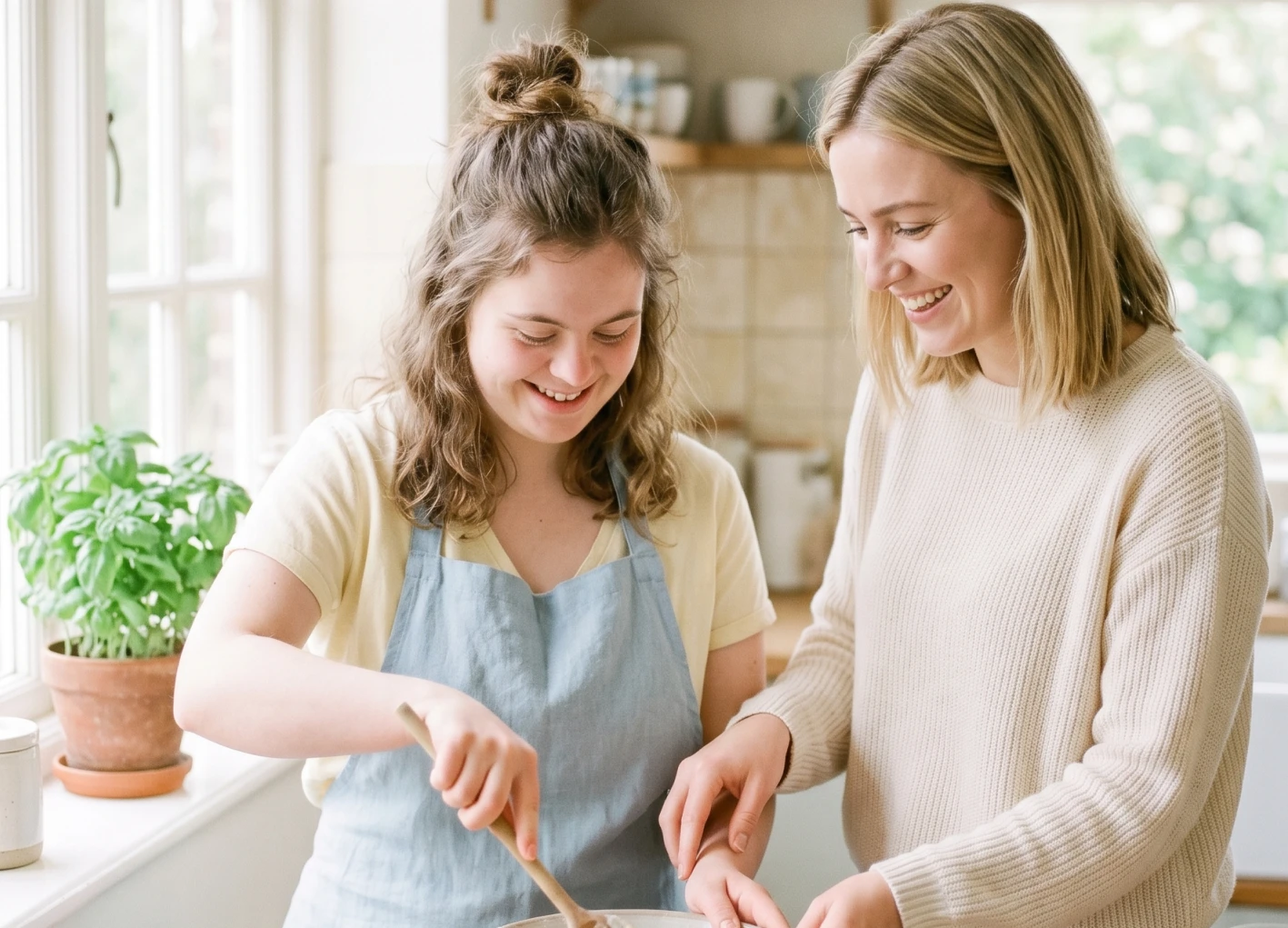 Two women smiling and cooking together in a bright kitchen by a window with a potted plant.