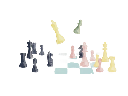 Abstract watercolor painting of chess pieces in pastel yellow, pink, green, and dark gray colors.