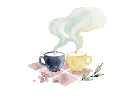 Watercolor illustration of two steaming cups, one dark blue and one yellow, with flowers below.