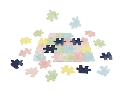 Partially assembled pastel and dark colored jigsaw puzzle with scattered pieces around on a white background.