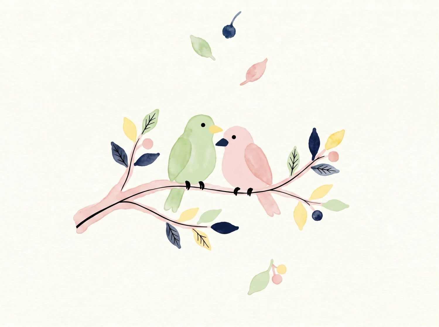 Watercolor illustration of two birds, one green and one pink, sitting close on a branch with colorful leaves.