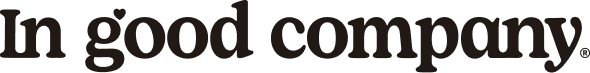 Partial text 'in good company' in bold serif font on black background.