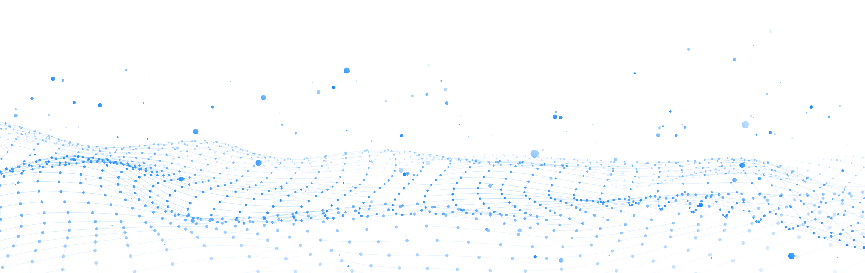 Blue grid wave pattern with scattered blue dots on a black background representing digital data flow.