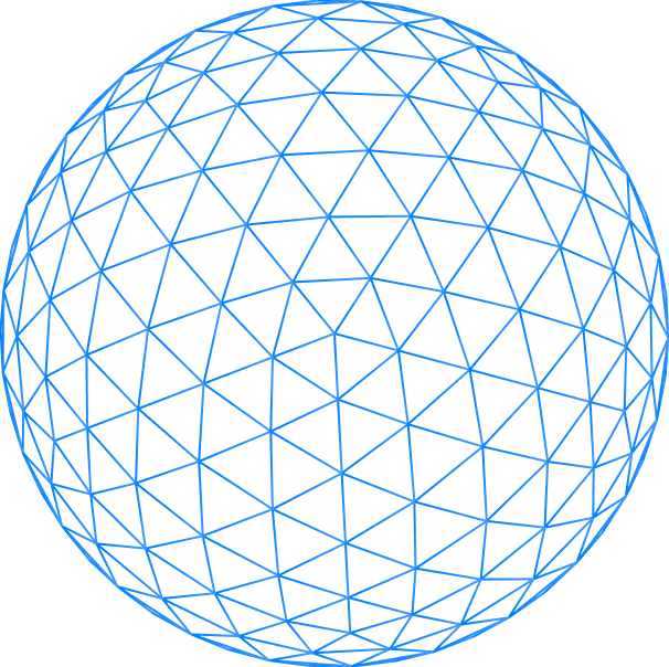Blue wireframe sphere composed of interconnected triangular shapes on a transparent background.