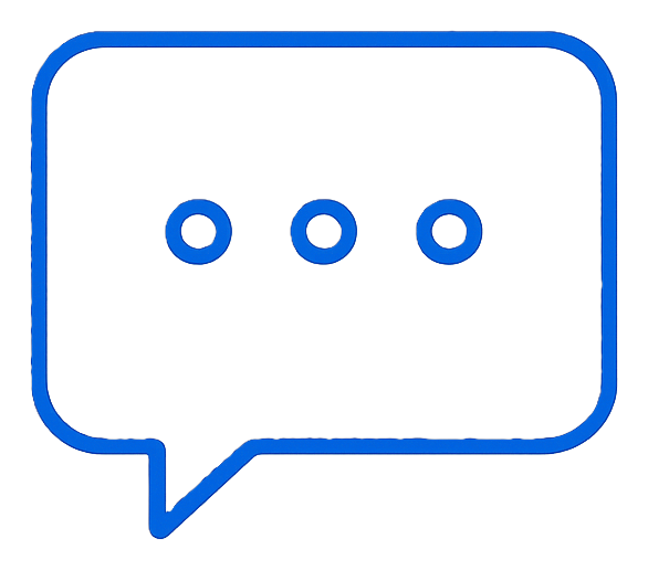 Blue outlined speech bubble icon with three blue dots inside on a black background.